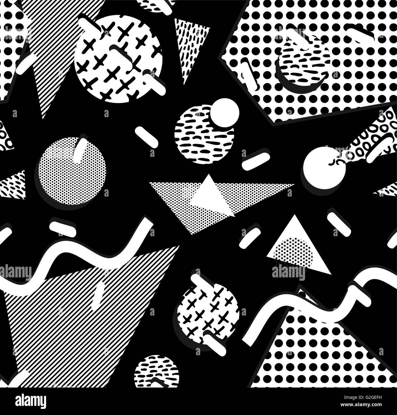 Retro noir et blanc motif transparent avec des formes géométriques, triangle, carré, cercle, en 80s memphis fashion style. Idéal pour Illustration de Vecteur