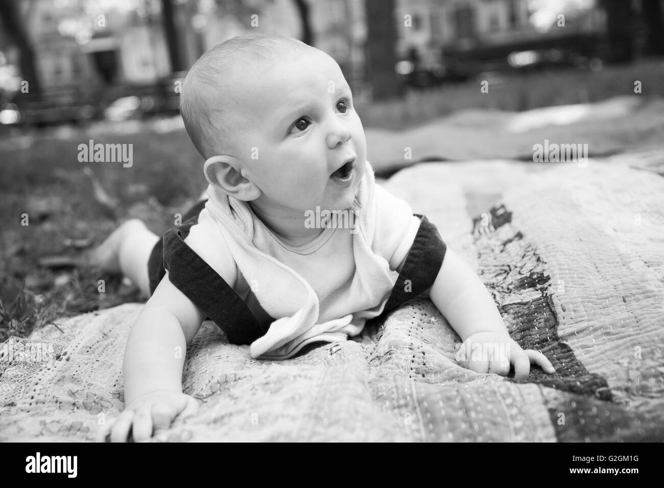 Baby Boy Laying on Blanket on Grass Banque D'Images