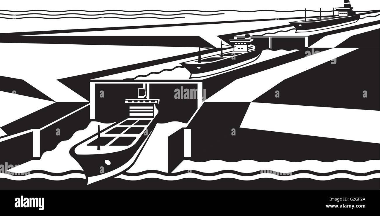 Les navires passent canal - vector illustration Illustration de Vecteur