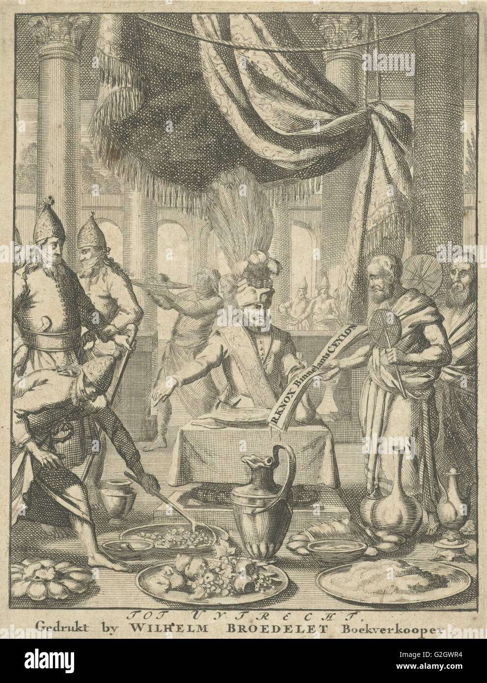 Deux prêtres disposent d'un très grand lit un livre pendant un repas, Jan Luyken, Willem Broedelet, 1692 Banque D'Images Deux prêtres disposent d'un très grand lit un livre pendant un repas, Jan Luyken, Willem Broedelet, 1692 Banque D'Images