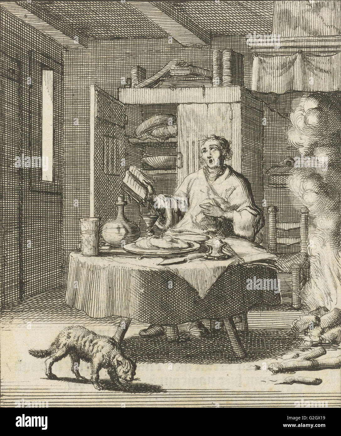 L'écrivain William Shutter est assis à une table et chante après les repas d'un Psautier, Jan Luyken, Gerbrandt Schagen, 1687 Banque D'Images