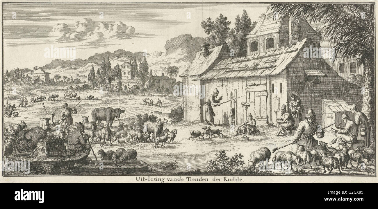 Bergers faire don d'un dixième de leur troupeau, Willem Goeree, Jan Luyken, 1683 Banque D'Images