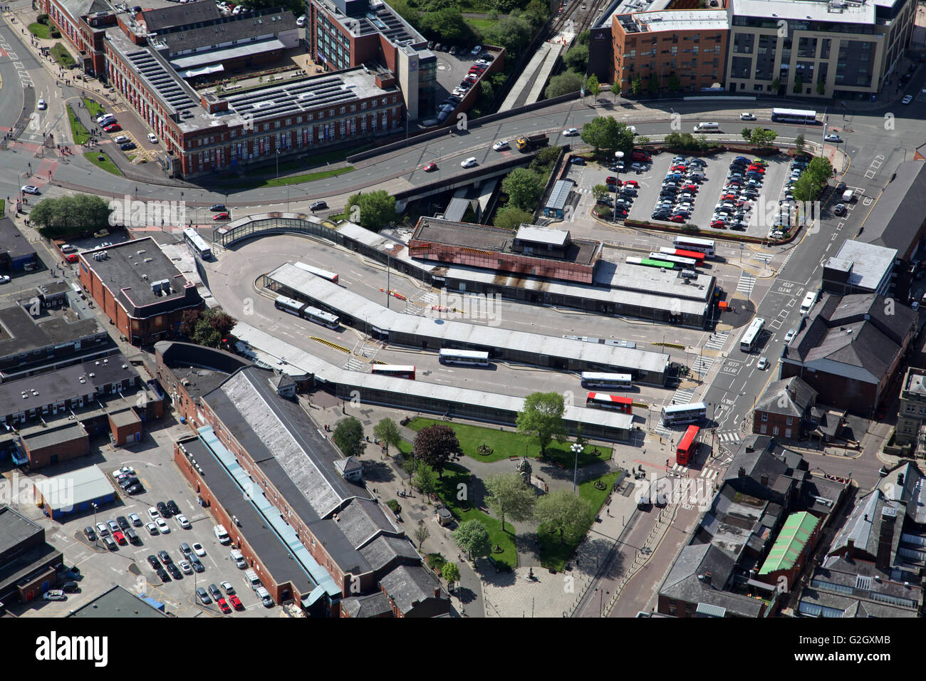 Vue aérienne de Bury town centre station de bus terminal, Lancashire, UK Banque D'Images