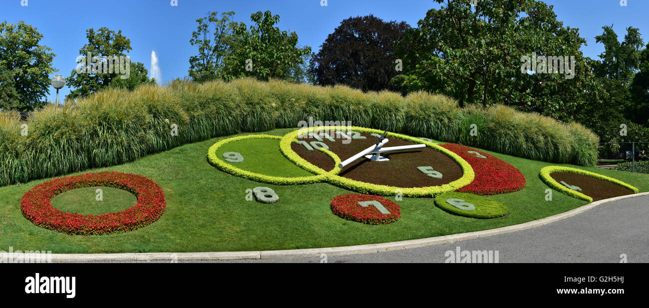 Réveil créé à partir de fleurs et de plantes vivent dans le jardin anglais - Jardin des Anglais - sur les rives du lac Léman à Genève Banque D'Images