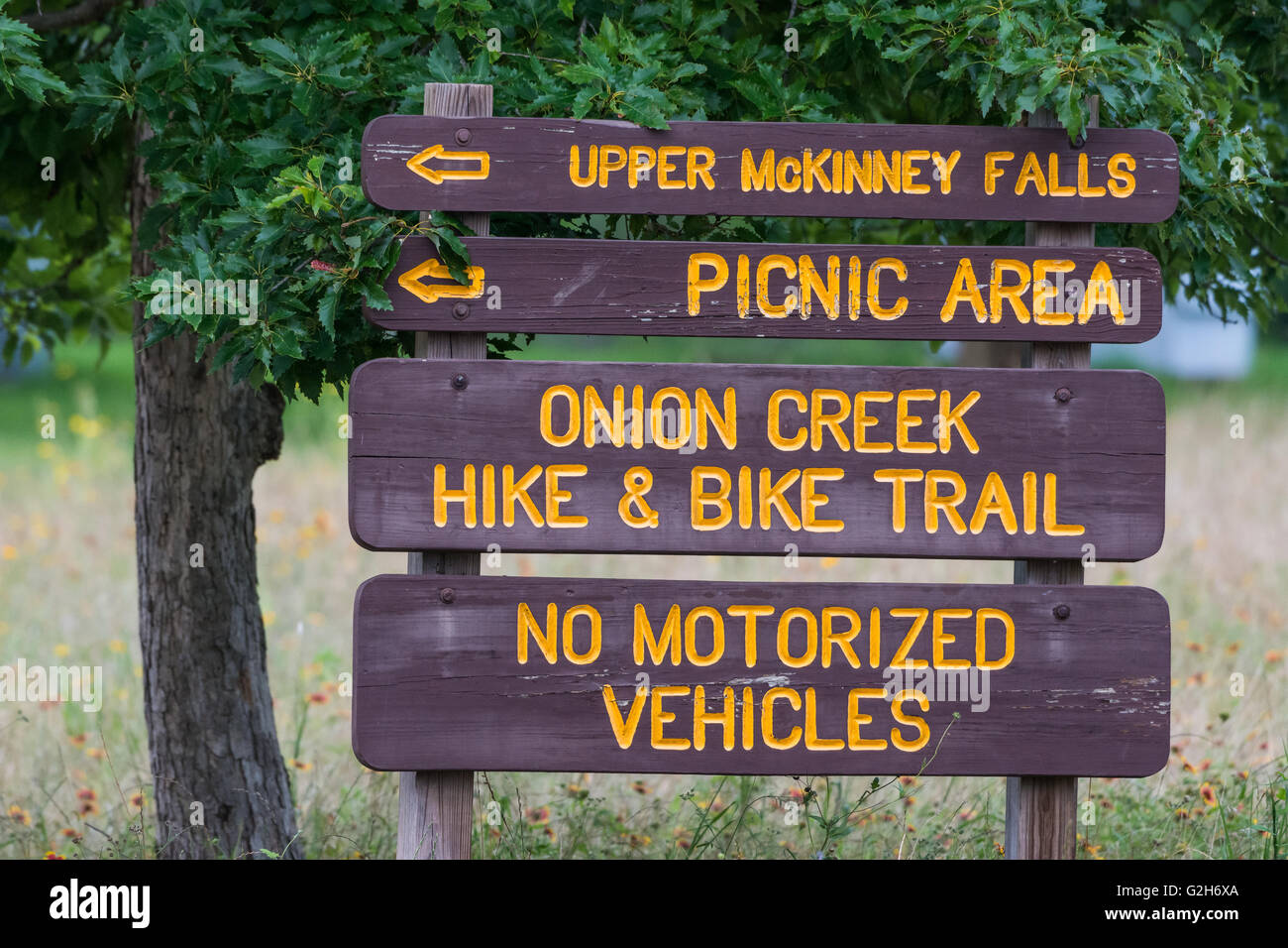 Signes à McKinney Falls State Park. Austin, Texas, États-Unis. Banque D'Images
