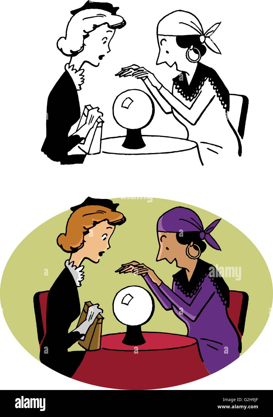 Femme visites une fortune teller avec une boule de cristal Illustration de Vecteur