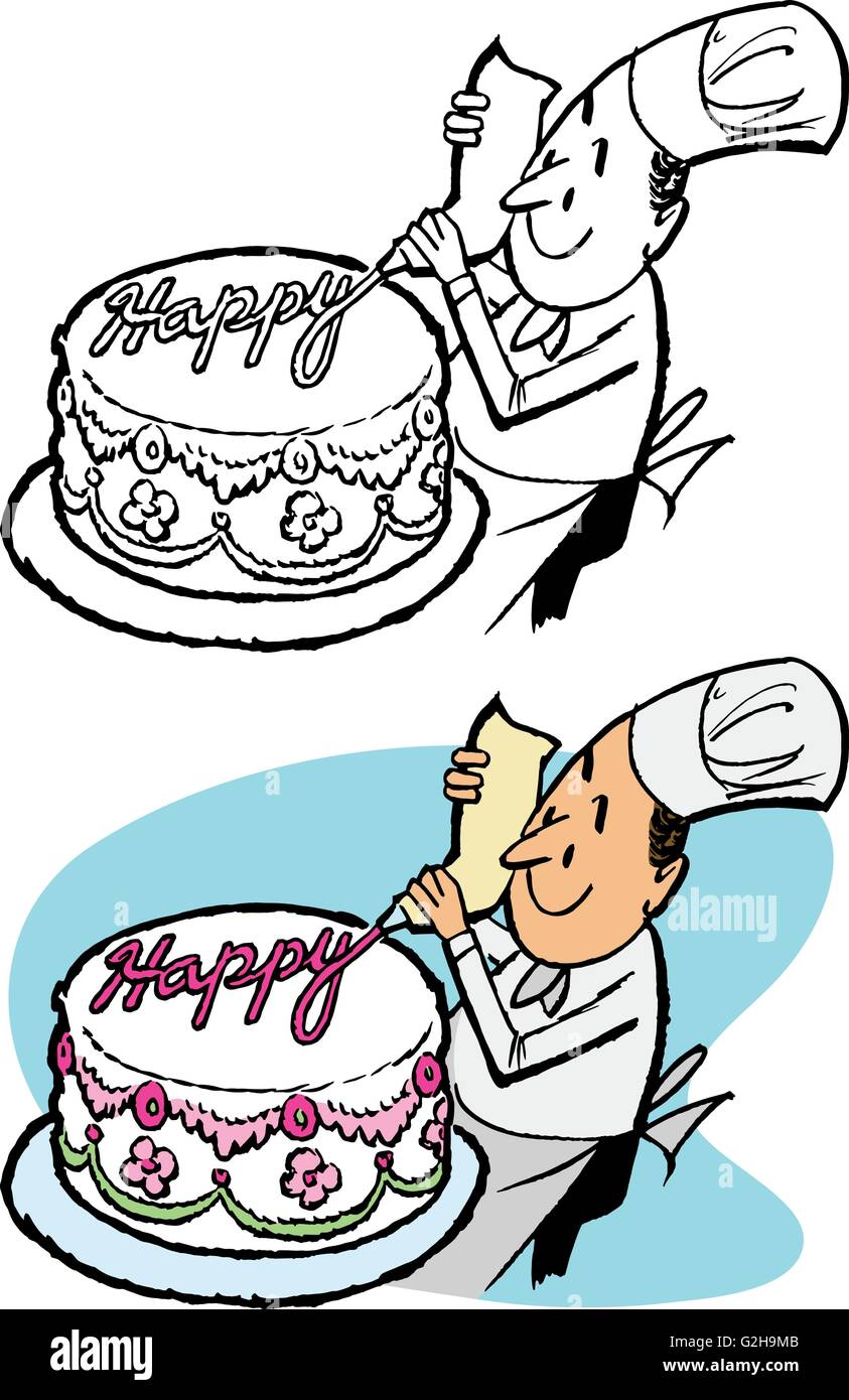 Un Chef Decore Un Gateau Avec Les Mots Joyeux Anniversaire Image Vectorielle Stock Alamy