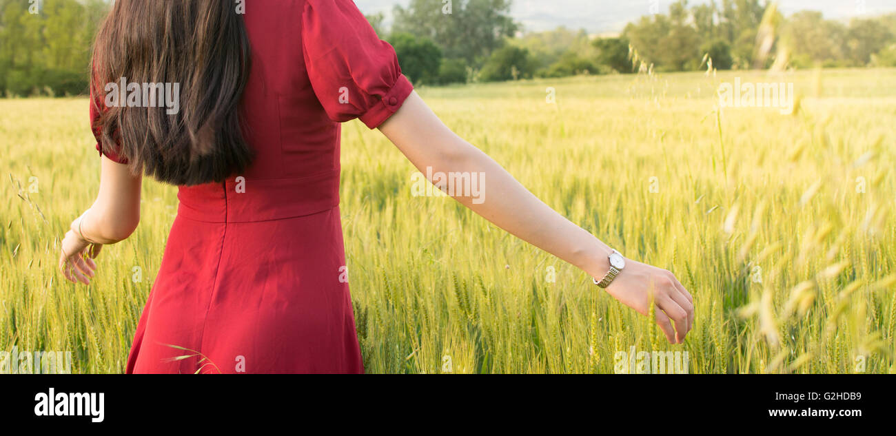 Fille à la mode dans un champ de blé wearing red dress Banque D'Images