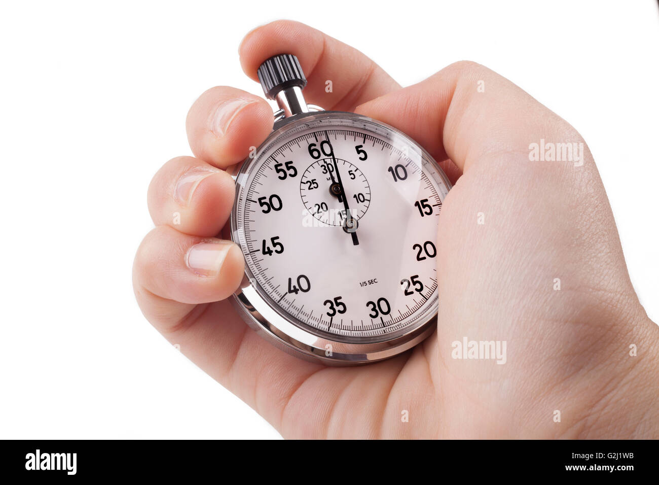 Couleur argent main de femme holting chronomètre isolé sur fond blanc Banque D'Images