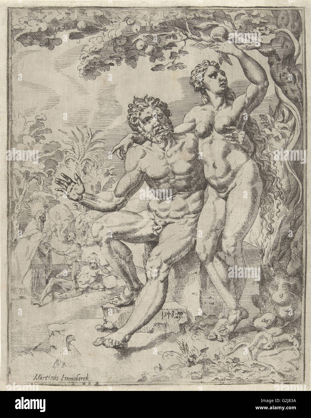 Adam et Eve choisir le fruit interdit, possible de Dirck Volckertsz Coornhert, 1548 Banque D'Images