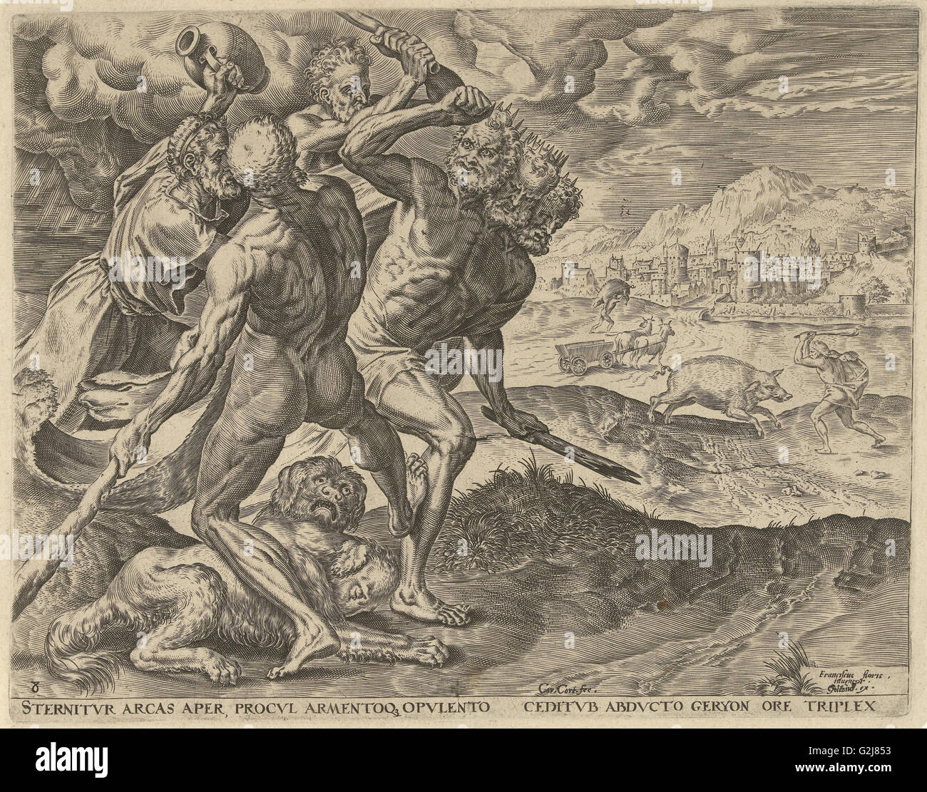 Geryon tue Hercules et son chien, Cornelis Cort, Julius Goltzius, en 1563 ou après - avant 1595 Banque D'Images