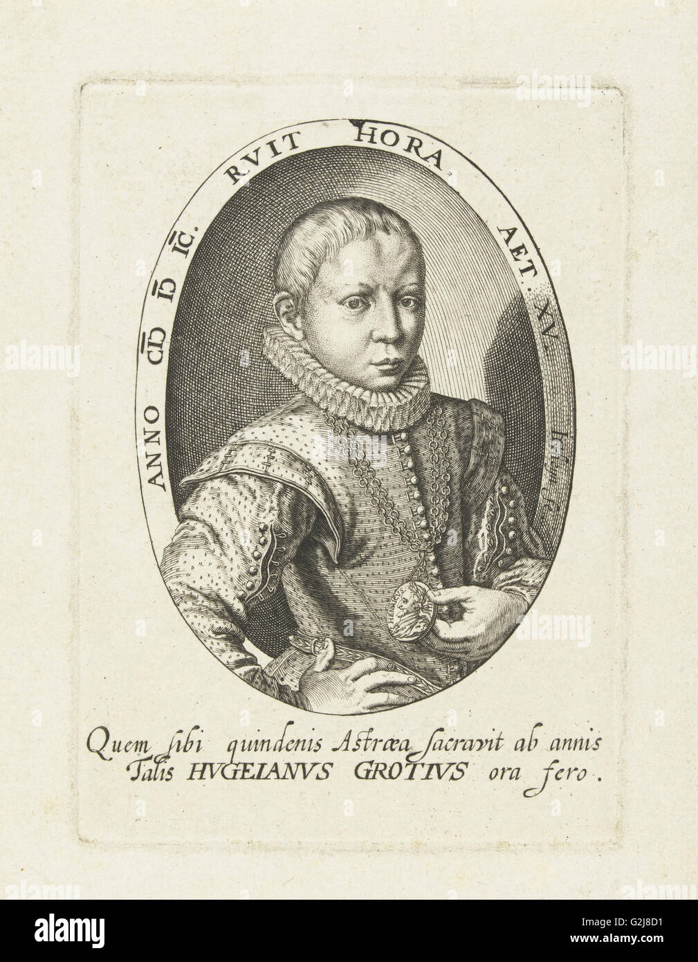 Buste de Hugo Grotius, 15 ans, jeune homme, vu sur le côté droit, en ovale, imprimer bouilloire : Jacob de Gheyn (II) Banque D'Images