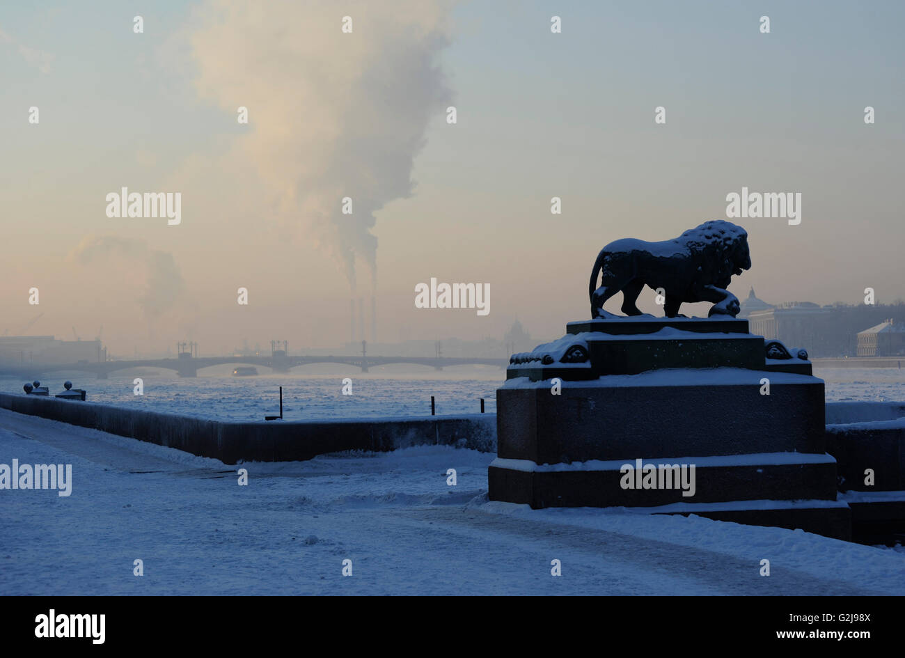 La Russie. Saint-pétersbourg. Les Lions sur Palace Pier. Le bronze. Faites par le sculpteur Ivan Prokofiev (1758-1828). Remblai. Banque D'Images