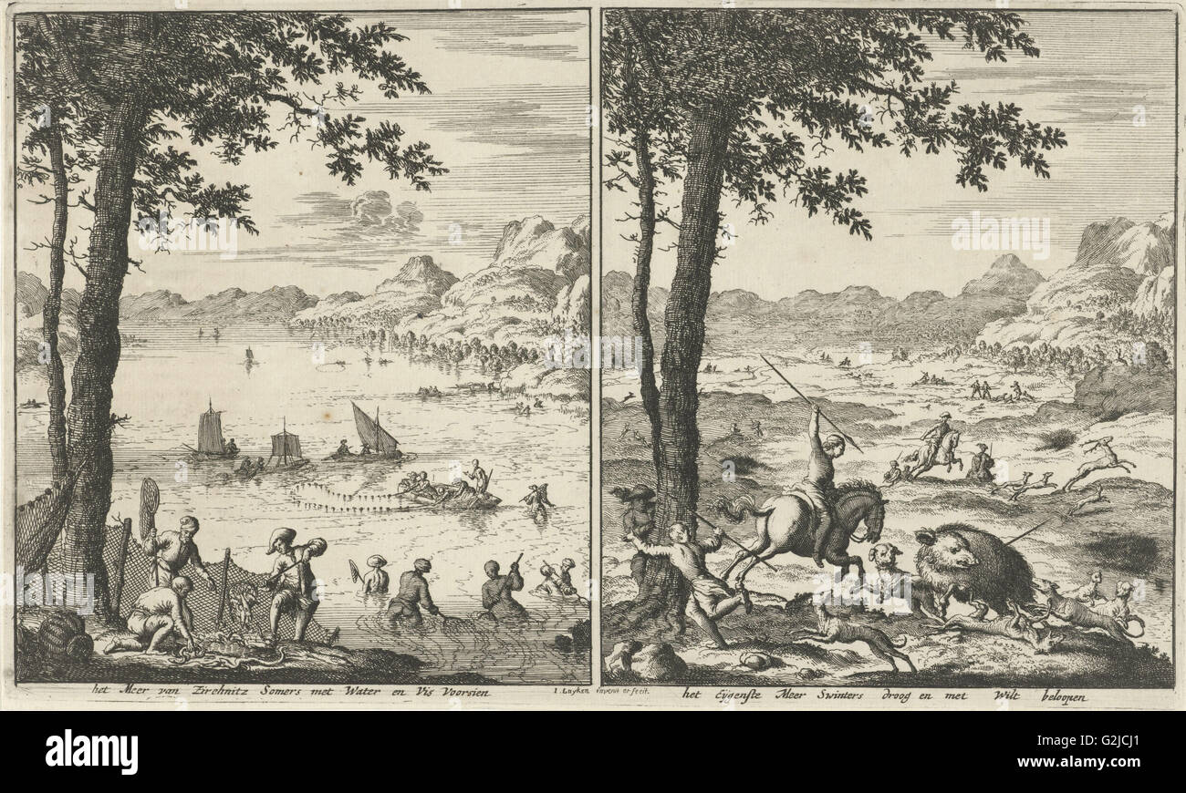 Lake Zirknitz en été et hiver, Jan Luyken, 1682, le lac de Cerknica Cerkniško jezero, Zirknitzer Voir, Slovénie Banque D'Images