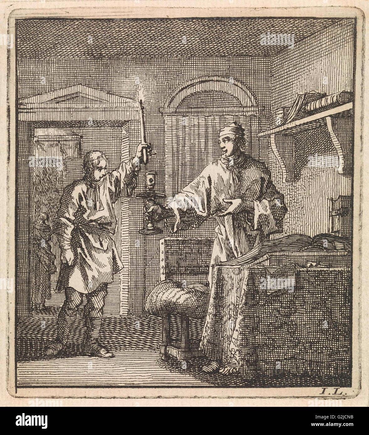 L'homme accorde une bougie allumée dans le chandelier, Jan Luyken, mer. Pieter Arentsz, Cornelis van der Sys II, 1711 Banque D'Images