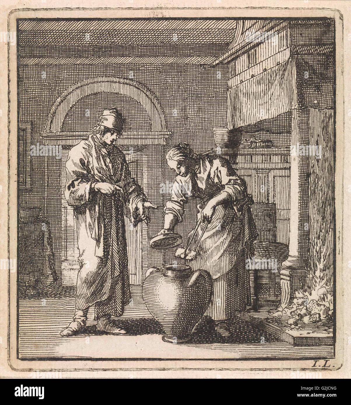 Femme met un charbon dans un pot, imprimer bouilloire : Jan Luyken, mer. Arentsz & Pieter Cornelis van der Sys II, 1711 Banque D'Images