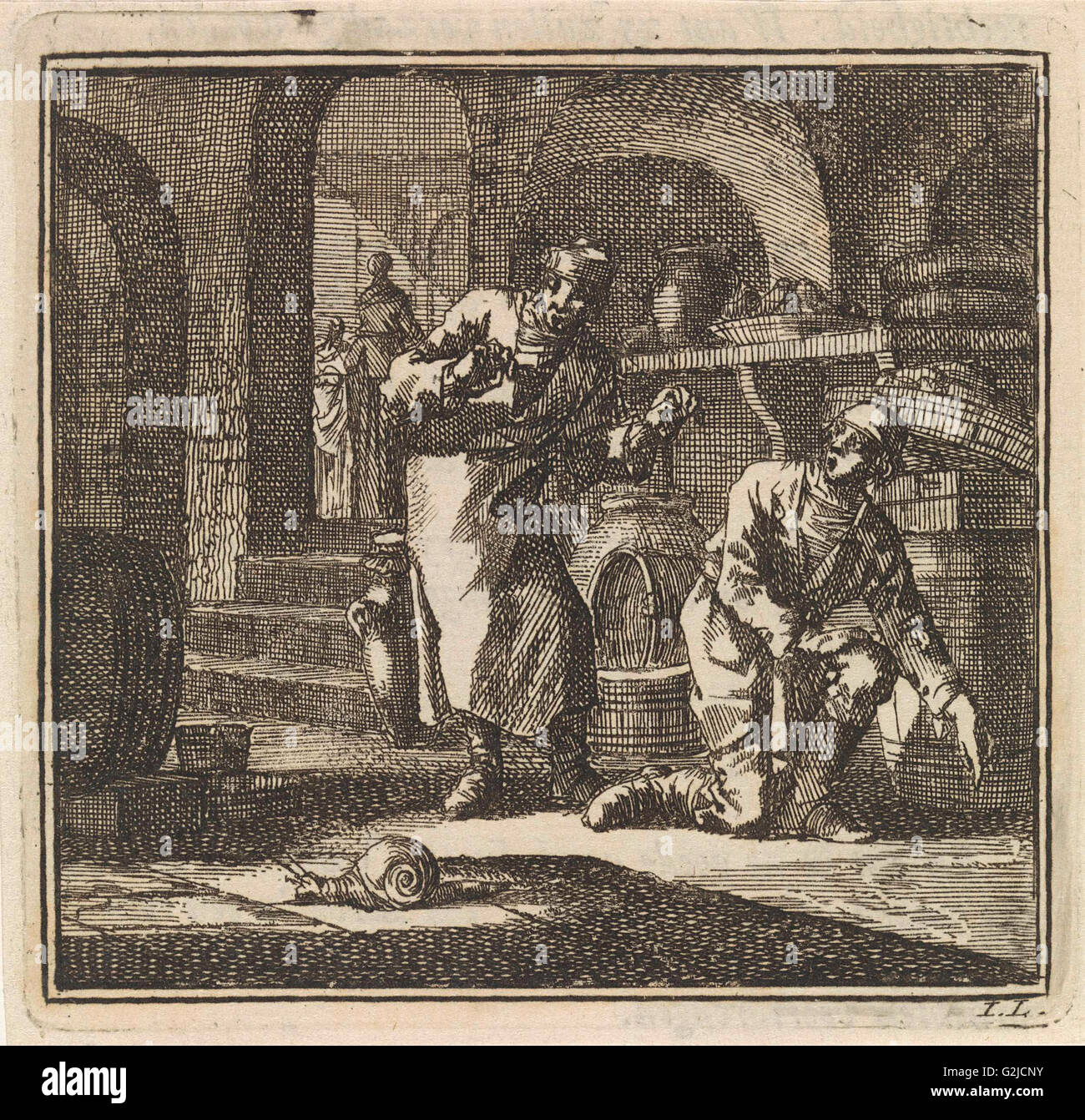 Dans un sous-sol, deux hommes sont à la recherche à la piste d'un escargot, imprimer bouilloire : Jan Luyken, mer. Pieter Arentsz Banque D'Images