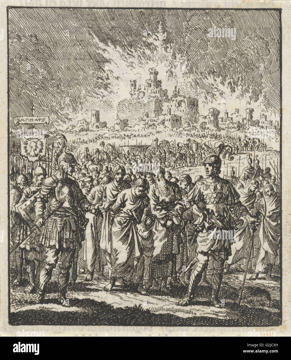 Israélites quitter Jérusalem, qui est en train de brûler, imprimer bouilloire : Jan Luyken, Jan Rieuwertsz. II, Barent Visscher, 1706 Banque D'Images