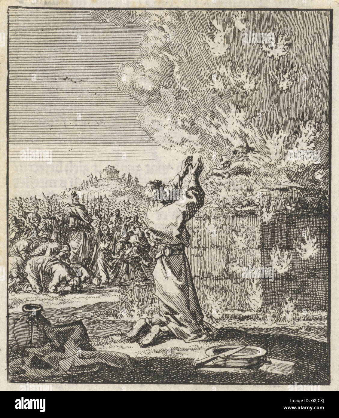 Elia s'agenouille devant le sacrifice de gravure, Jan Luyken, Jan Rieuwertsz. (II), Barent Visscher, 1706 Banque D'Images