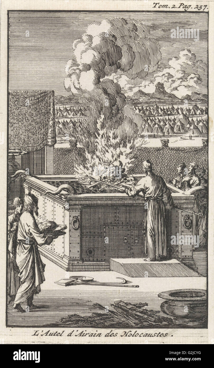 Sacrifices prêtre sur l'autel offre de Bull, Jan Luyken, Pieter Mortier, 1705 Banque D'Images