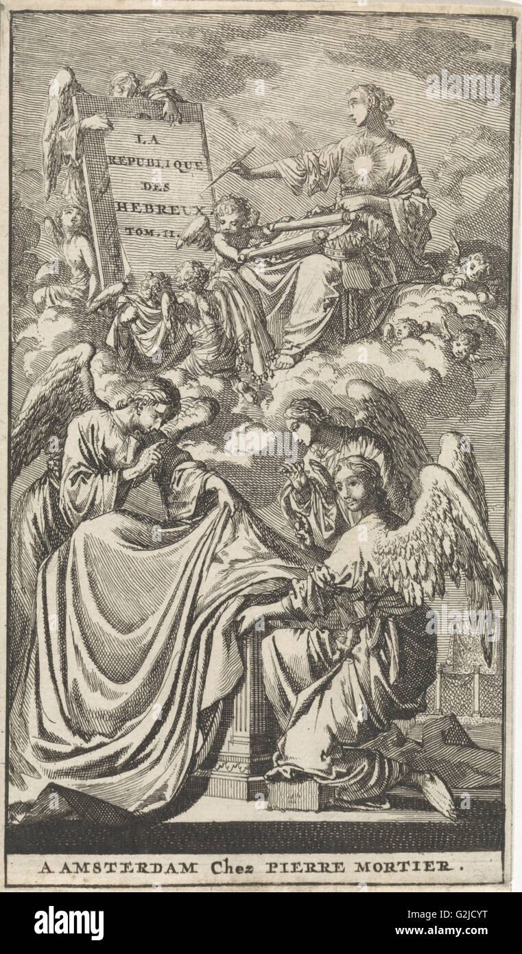 Figure féminine allégorique décrit un panel dans les nuages, Jan Luyken, Pieter Mortier, 1705 Banque D'Images