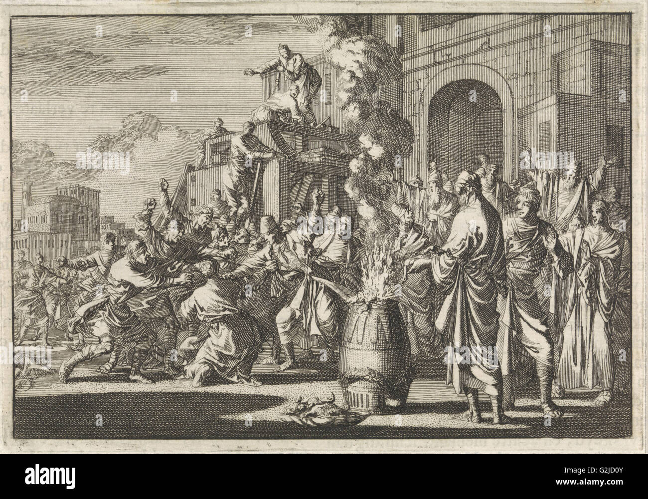 Bataille entre Juifs et Grecs, en face de la synagogue à Césarée, en Israël, d'impression bouilloire : Jan Luyken, Pieter Mortier, 1704 Banque D'Images