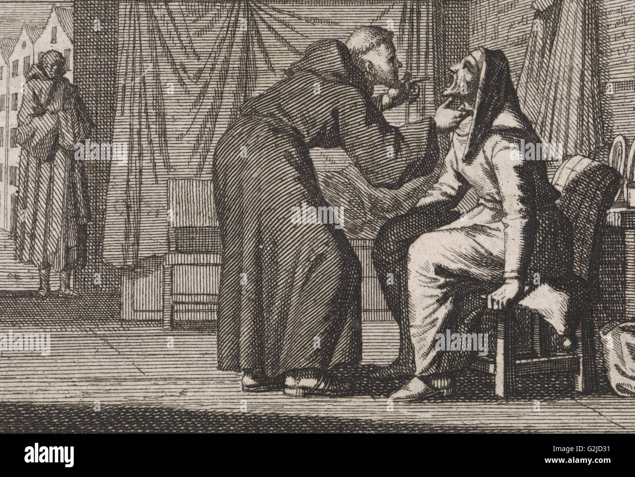 Monk se penche sur la bouche béante d'une vieille femme, Caspar Luyken, Christoph Weigel, 1704 Banque D'Images