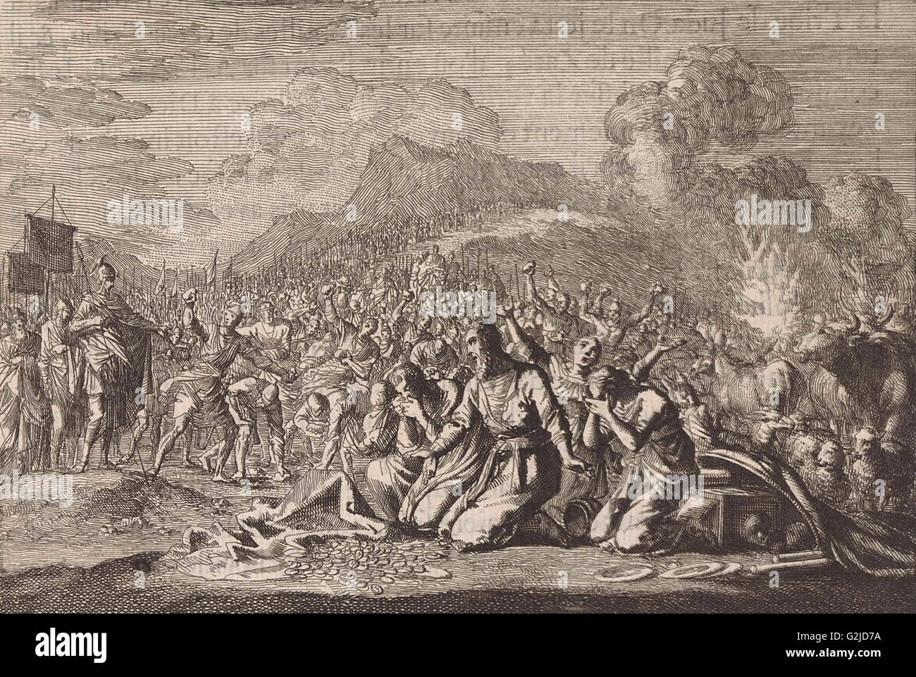 Lapidation d'Acan et sa famille, Jan Luyken, Pieter Mortier, 1703 - 1762 Banque D'Images