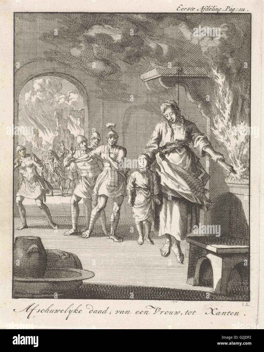 Suicide d'une femme à Xanten, Jan Luyken, Jan Claesz dix Hoorn, 1699 Banque D'Images