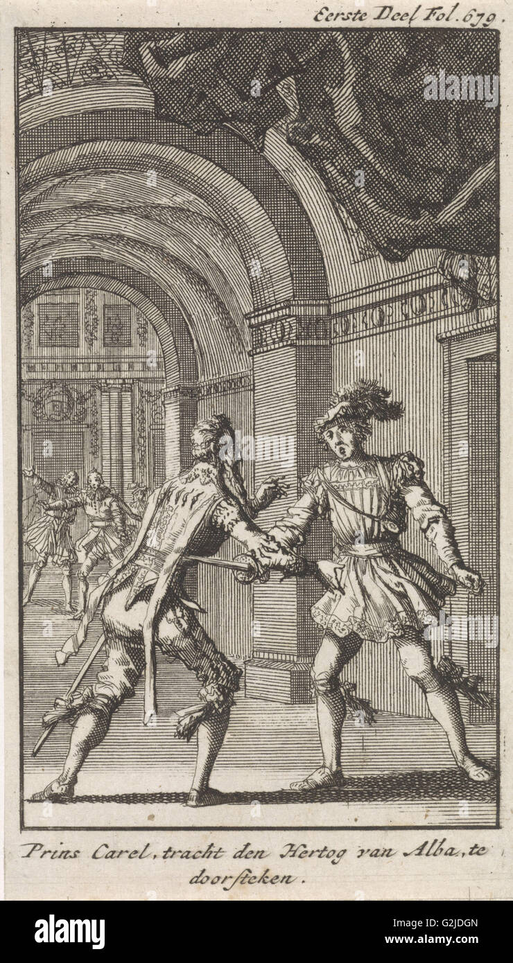 Don Carlos tente d'assassiner le duc d'Alva, Jan Luyken, Engelbrecht Boucquet, 1699 Banque D'Images