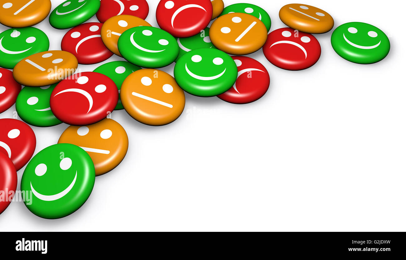 La qualité du service client d'affaires estimation de rétroaction et de l'enquête avec happy smiling face émoticône symbole et icône sur la broche de badges. Banque D'Images