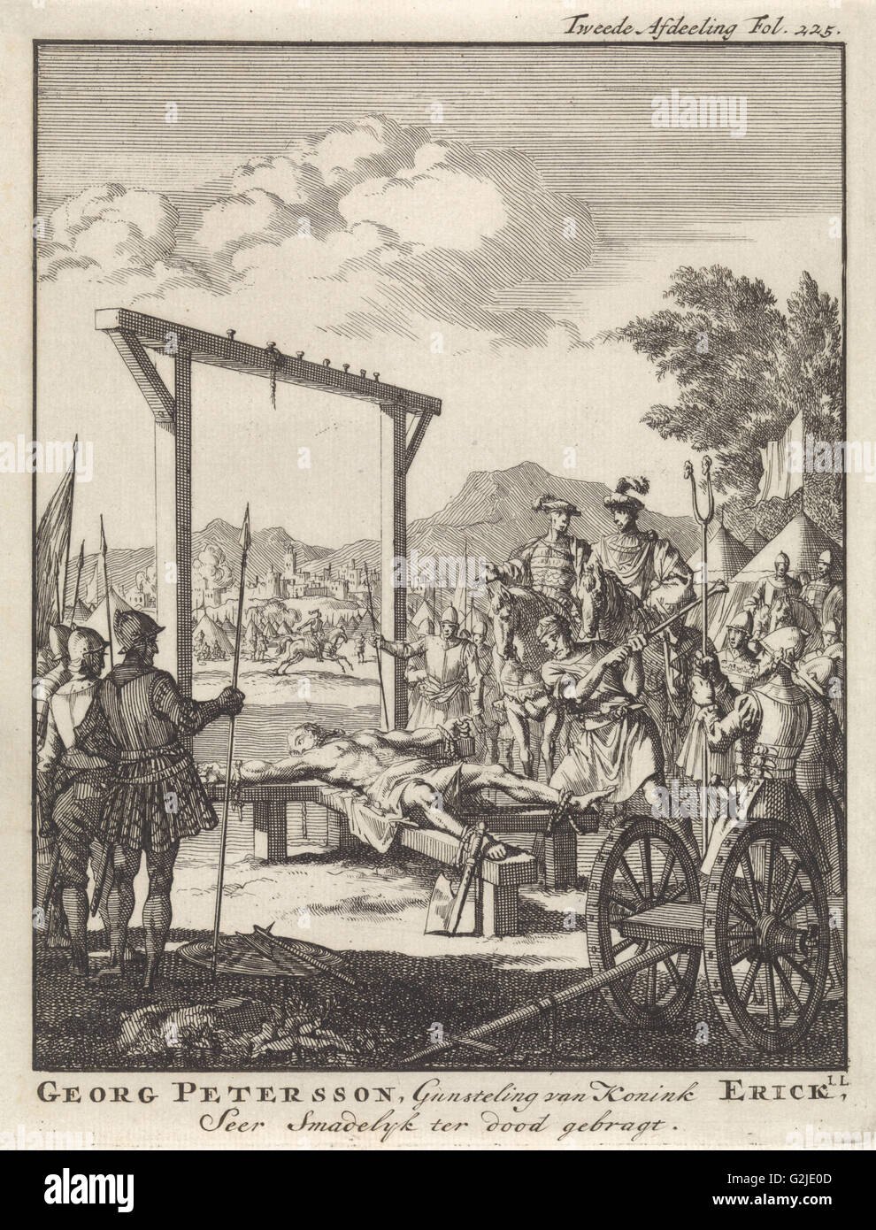 Georg Petersson, favorite du Roi Erick est cassée sur la roue, 1517, Jan Luyken, Jan Claesz dix Hoorn, 1698 Banque D'Images