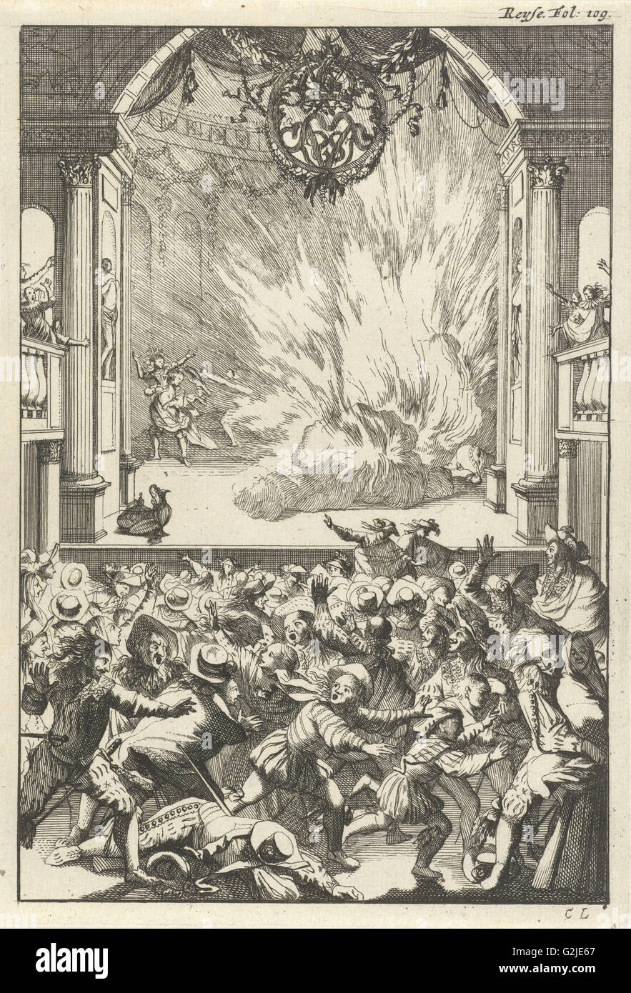 Un feu intense sur scène, Caspar Luyken, Willem Broedelet, 1696 Banque D'Images Un feu intense sur scène, Caspar Luyken, Willem Broedelet, 1696 Banque D'Images