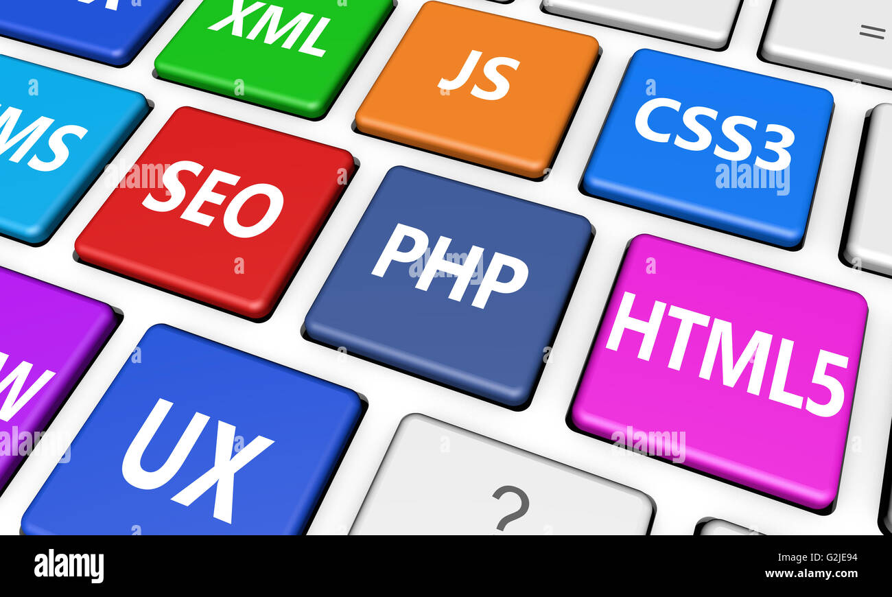 Web Design, SEO et Internet concept avec signe de langage de programmation sur ordinateur coloré des touches du clavier. Banque D'Images