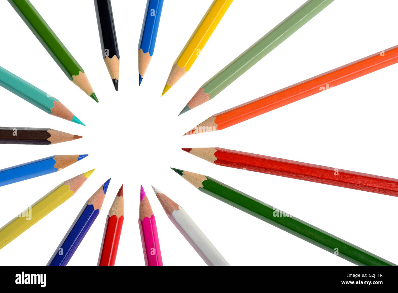 Beaucoup de crayons avec différentes couleurs sur fond blanc Banque D'Images