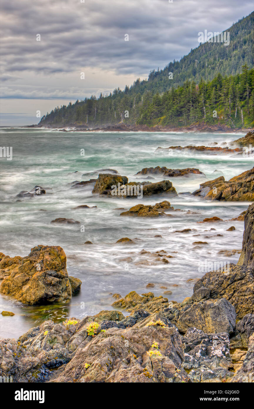 Côte sauvage l'action des vagues le long de côte ouest Cape Palmerston Nord de l'île de Vancouver Vancouver Island British Columbia Banque D'Images