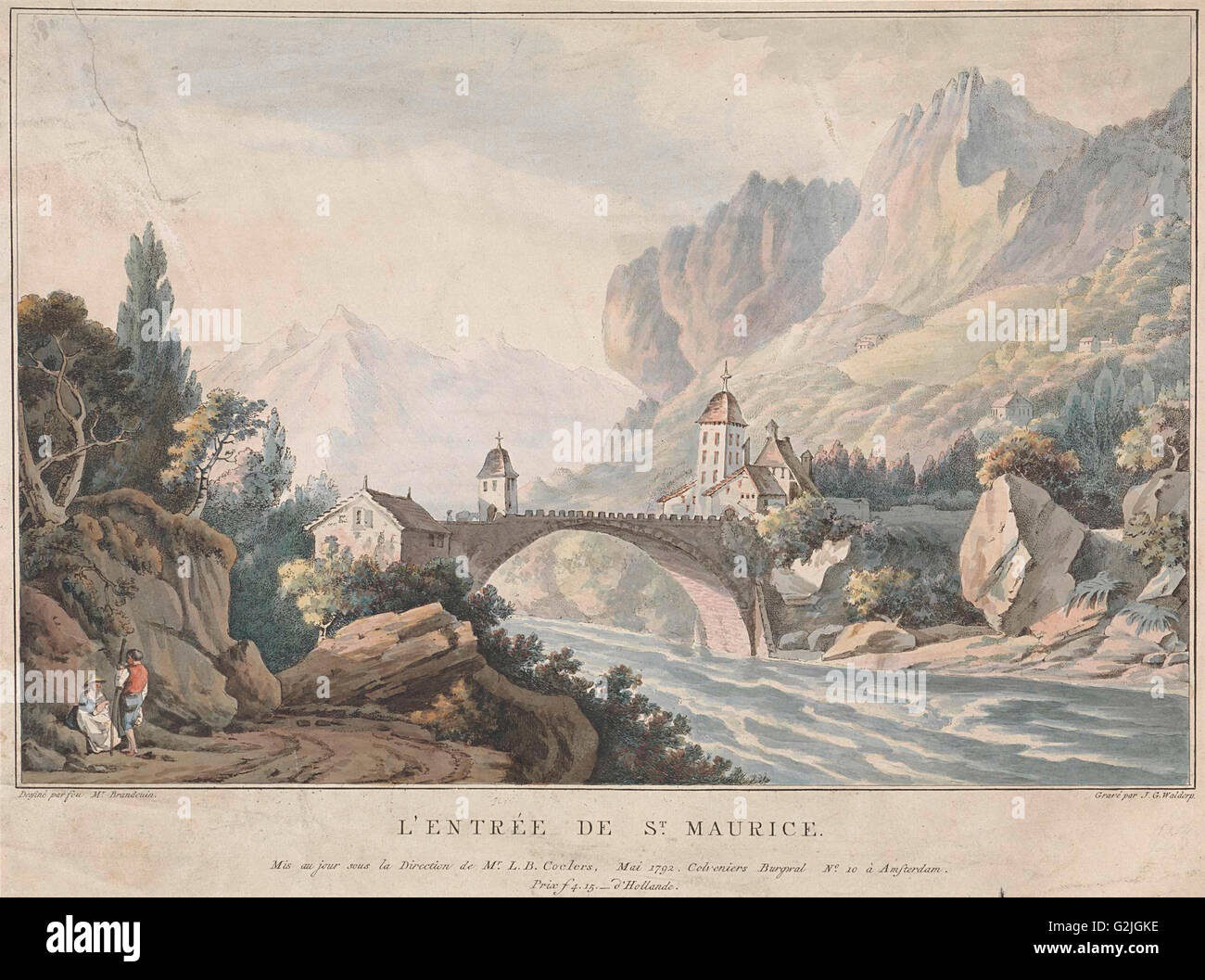 Vue sur le pont à Saint Maurice en Suisse, Jan Gerard Waldorp, Louis Bernard Coclers, 1792 Banque D'Images