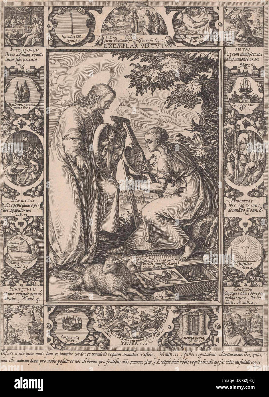Une femme assise derrière un chevalet et peintures l'Enfant Jésus dans un cœur à l'exemple que le Christ lui montre Banque D'Images