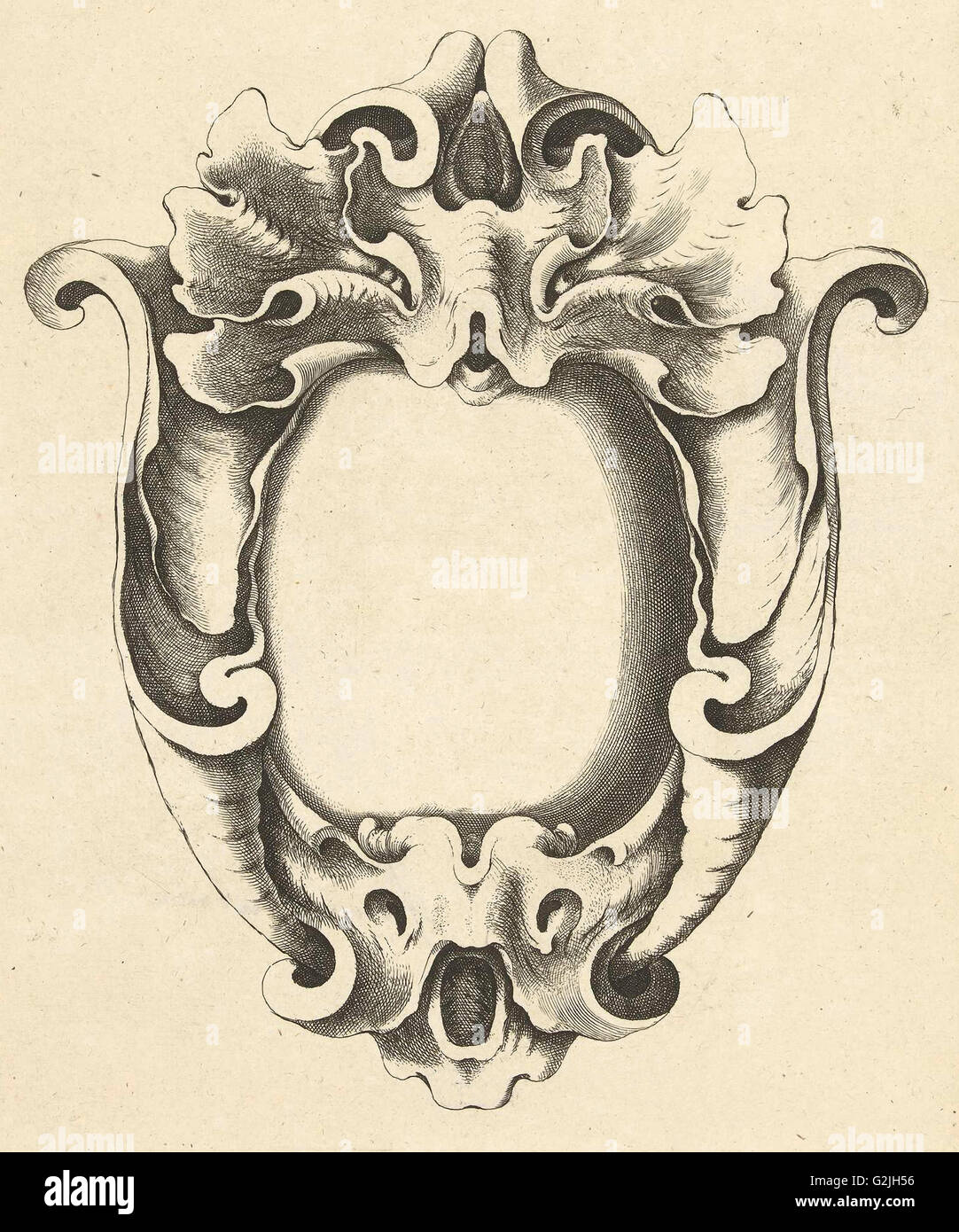 Avec deux masques a Cartouche, Jacob Lutma, Johannes Lutma (I), Frederik De Wit, c. 1654 - c. 1678 Banque D'Images