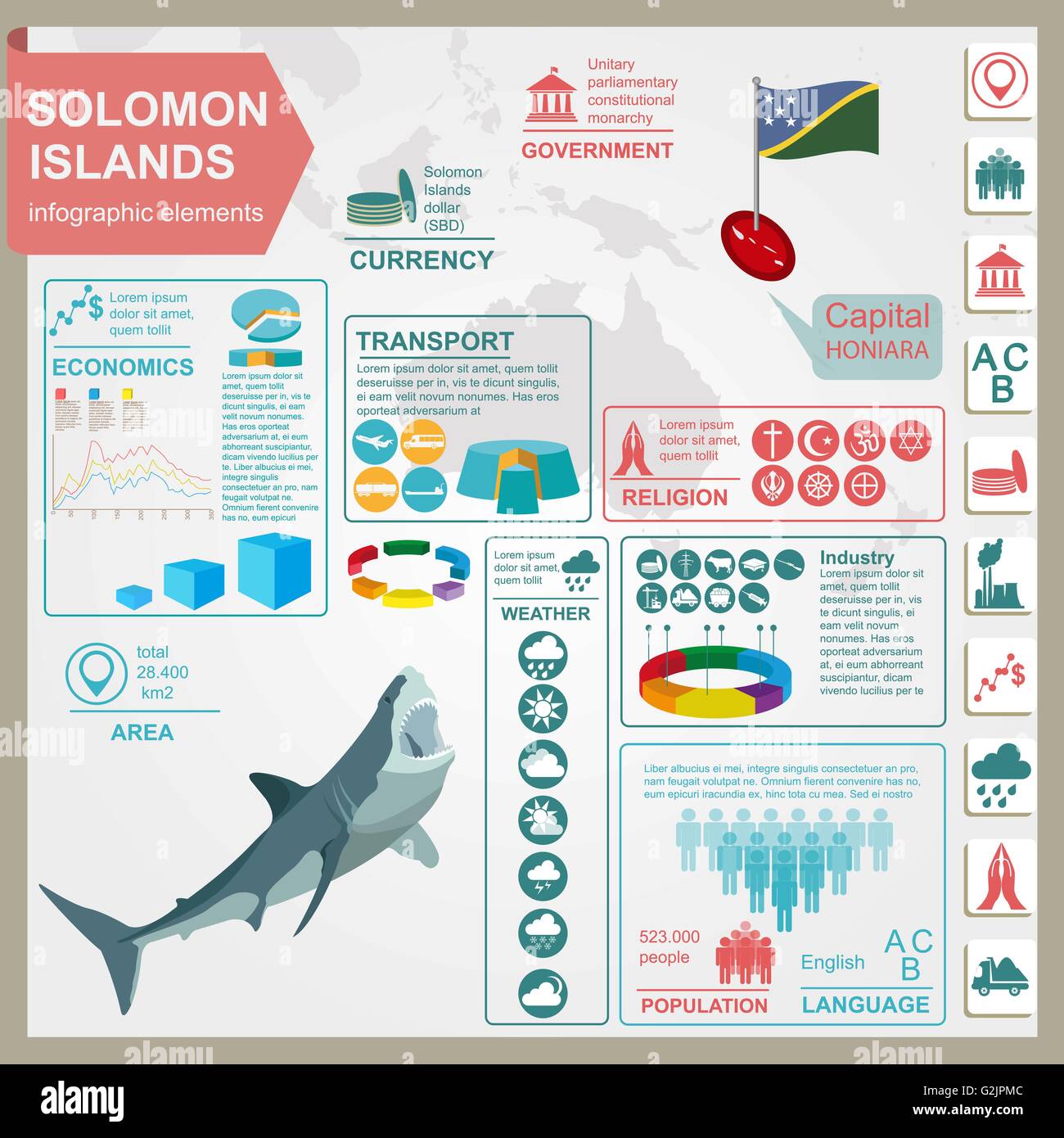 Îles Salomon infographie, données statistiques, sites touristiques. Vector illustration Illustration de Vecteur