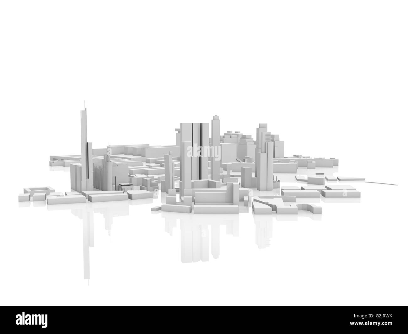 Résumé ville contemporaine, 3D render isolé sur fond blanc avec un reflet au sol Banque D'Images
