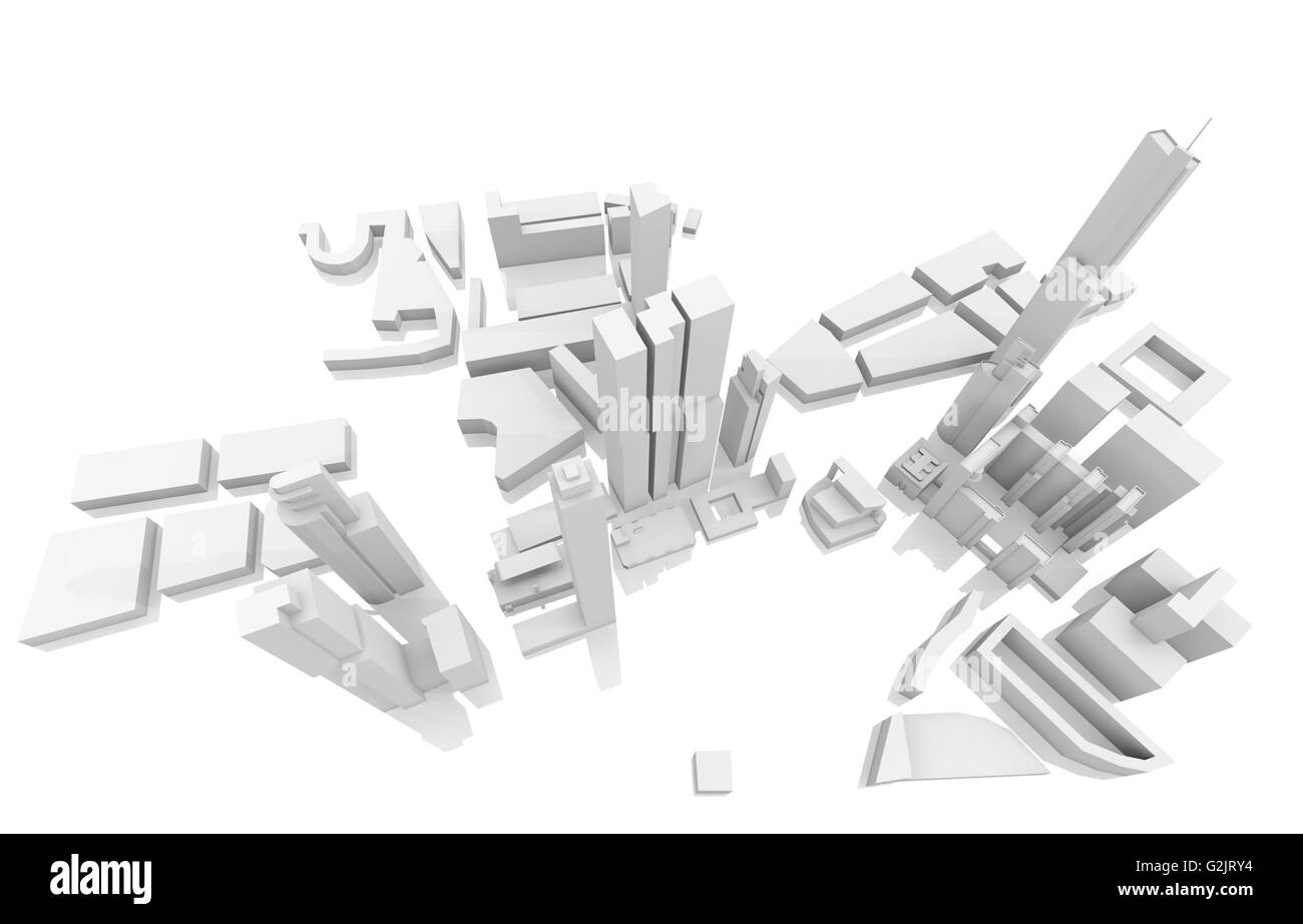 Schéma abstrait figuratif blanc avec de grands gratte-ciel isolé sur blanc, rendu 3d illustration, d'oiseau Banque D'Images