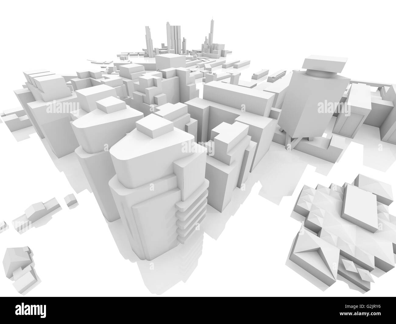 Paysage urbain contemporain abstrait, illustration de rendu 3D sur fond blanc avec des réflexions sur la masse à vide Banque D'Images