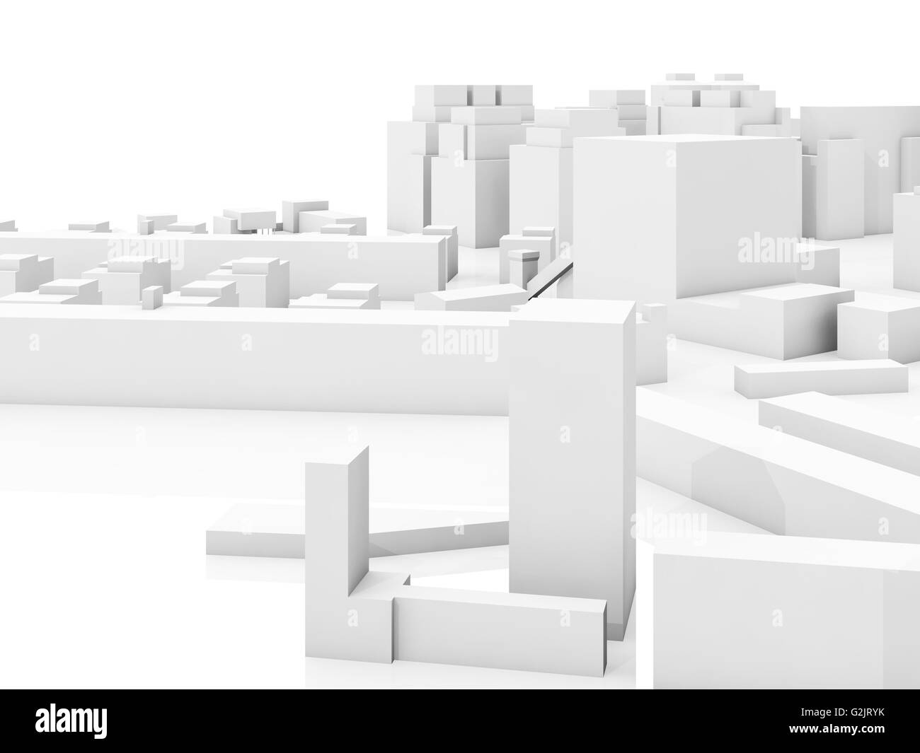 Paysage urbain contemporain abstrait, 3d illustration sur fond blanc avec des réflexions sur la masse à vide Banque D'Images