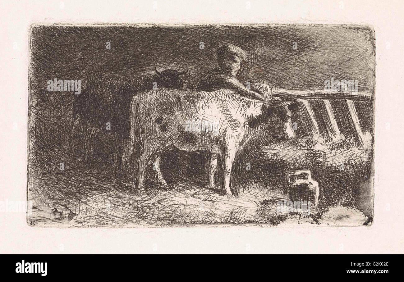 Farmer entre deux vaches dans une étable (petite version), Jan Vrolijk, 1860 - 1894 Banque D'Images