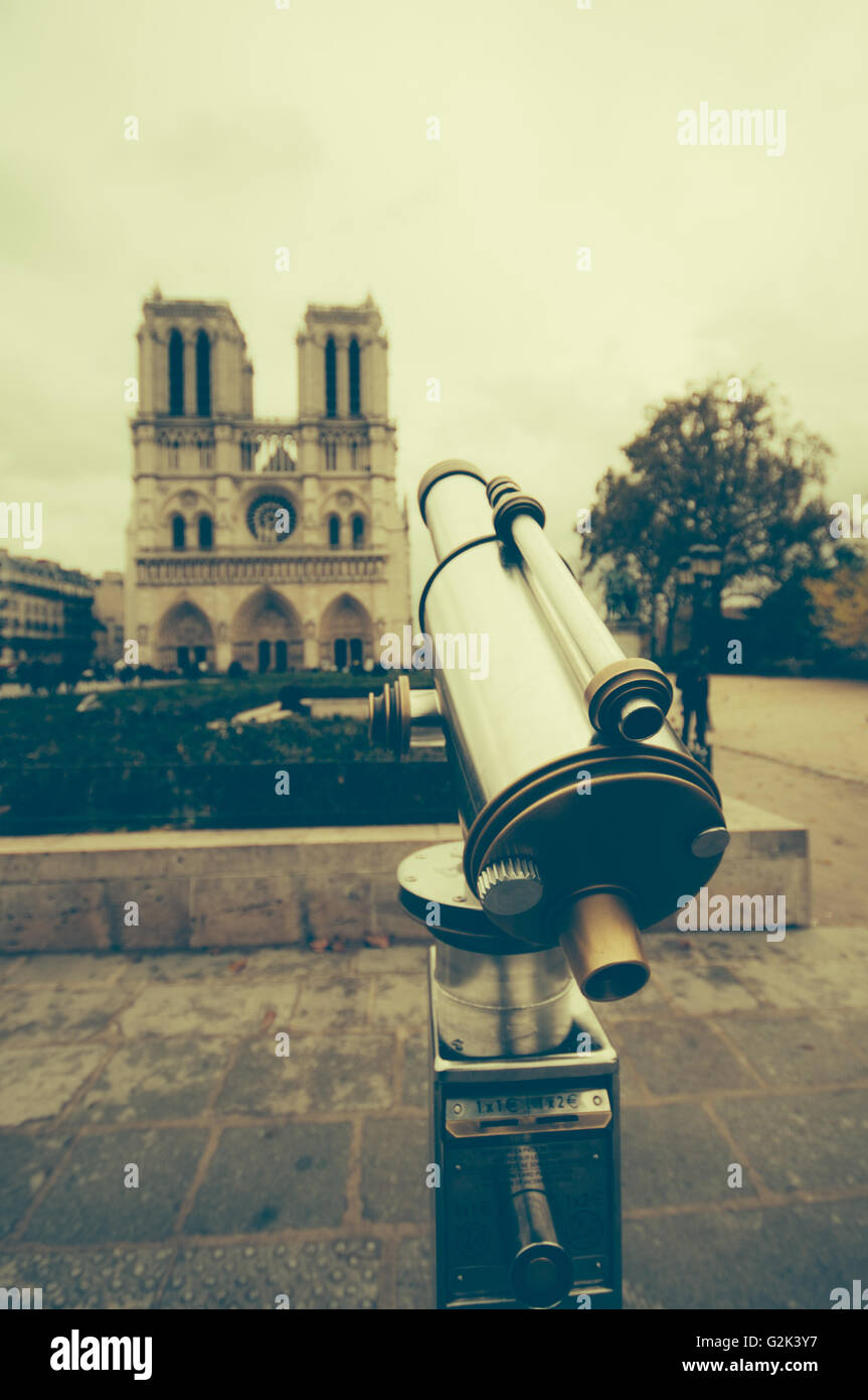 Des jumelles a fait à Notre Dame de Paris France. La photo a été tonique avec un style rétro Banque D'Images