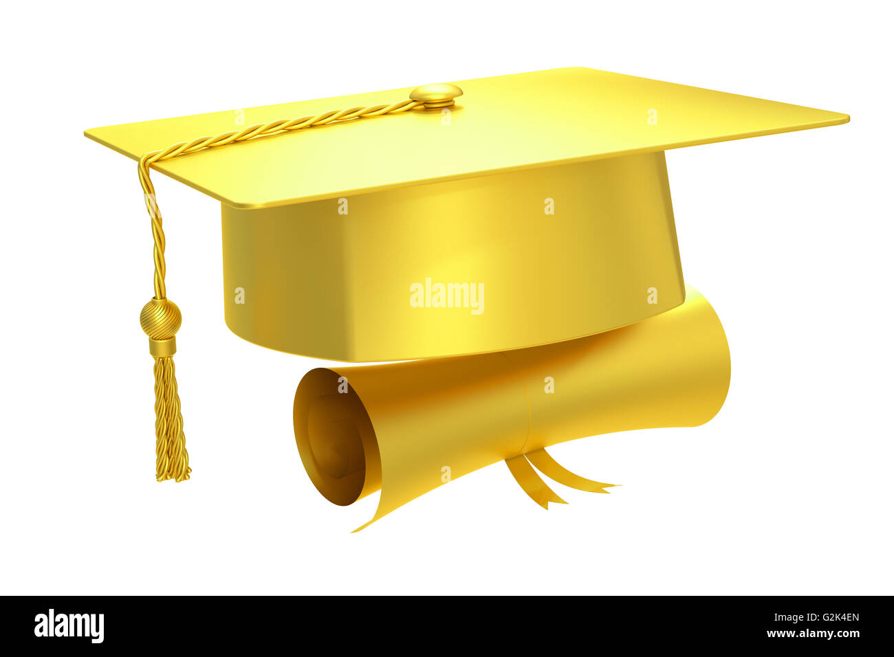Diplôme graduation cap d'or, rendu 3D isolé sur fond blanc Banque D'Images