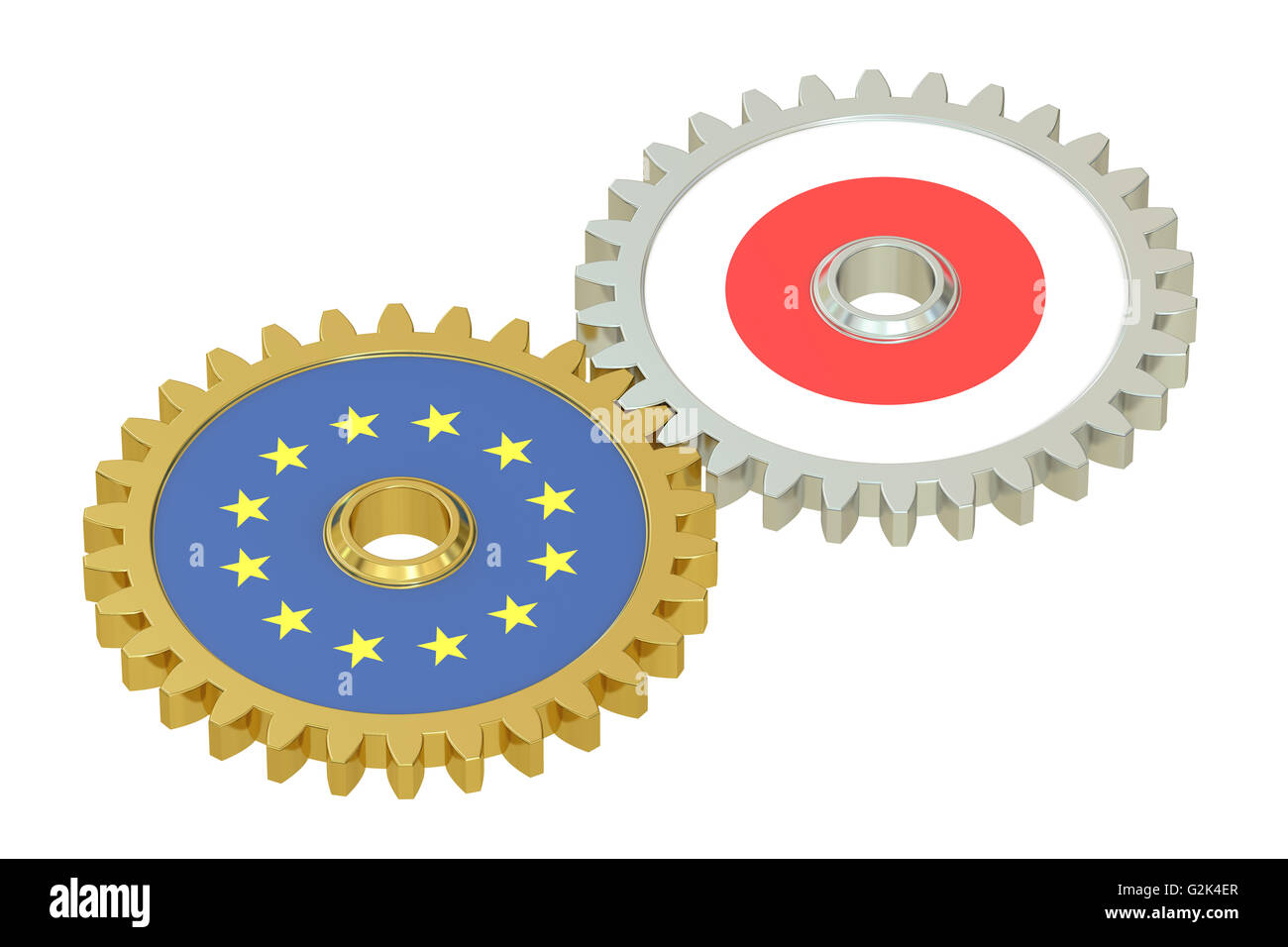 Le Japon et l'UNION EUROPÉENNE Les drapeaux sur les pignons d'un rendu 3D, isolé sur fond blanc Banque D'Images