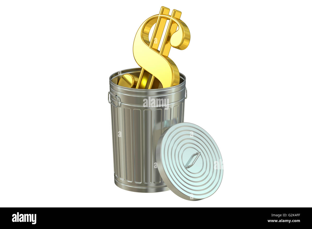 Corbeille avec symbole du dollar, rendu 3D isolé sur fond blanc Banque D'Images