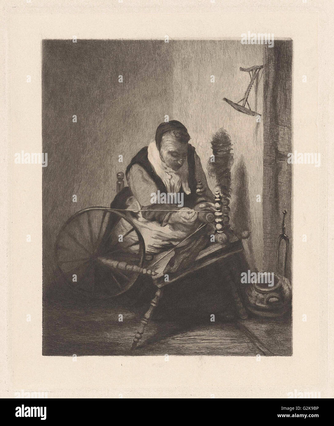Une femme de spinning, d'impression bouilloire : Willem II Steelink, Nicolaes MAES, 1866 - 1928 Banque D'Images